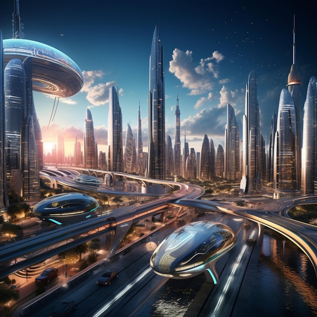 Futuristyczne miasto z błyszczącymi drapaczami chmur i latającymi samochodami