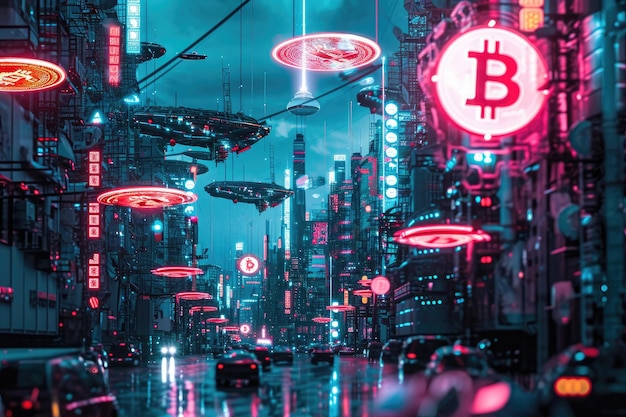 Futuristyczne miasto z neonowymi światłami i znakiem Bitcoin Futuristyczny obraz bitcoina transakcjonowanego przez blockchain ustawiony w cyberpunk estetycznej sztucznej inteligencji generowanej