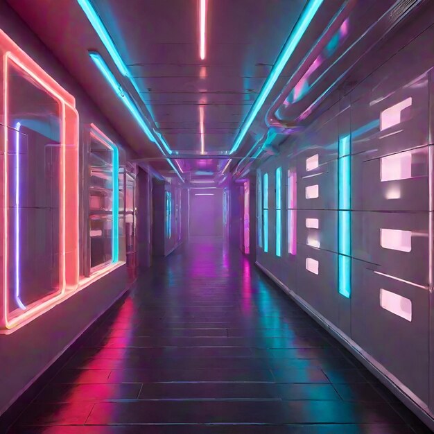 Futuristyczne neonowe światła oświetlają nowoczesny korytarz