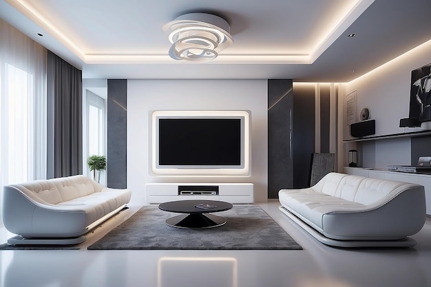 Futuristyczne nowoczesne wnętrze z kanapą monitorową i oświetleniem