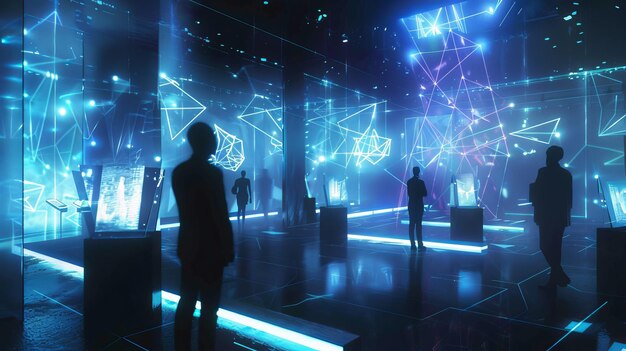 Zdjęcie futuristyczne podejście do wydarzenia sieciowego biznesowego z holograficznymi wyświetlaczami i dynamicznymi kształtami generowanymi przez sztuczną inteligencję