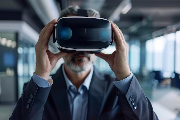 Futuristyczne przestrzenie robocze Biznesmen używający zestawu słuchawkowego VR Technologia VR