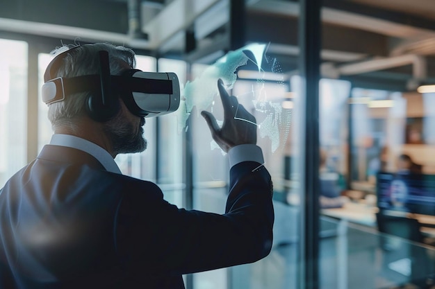 Futuristyczne przestrzenie robocze Biznesmen używający zestawu słuchawkowego VR Technologia VR