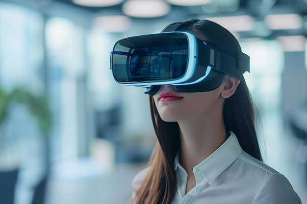 Futuristyczne przestrzenie robocze Kobiety biznesowe używające zestawu słuchawkowego VR Technologia VR