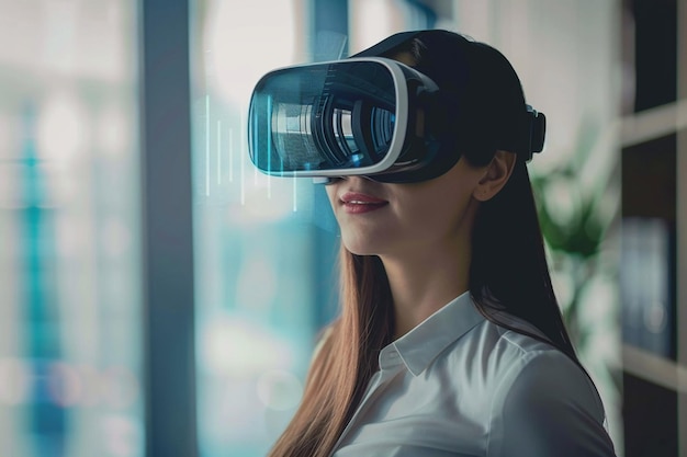 Futuristyczne przestrzenie robocze Kobiety biznesowe używające zestawu słuchawkowego VR Technologia VR