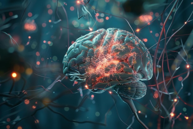 Futuristyczne renderowanie ludzkiego mózgu w 3D z szczegółowymi połączeniami neuronowymi i strukturami dla zaawansowanych