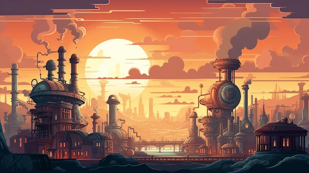 Futuristyczne steampunk miasto przy zachodzie słońca ilustracja AI Generowane