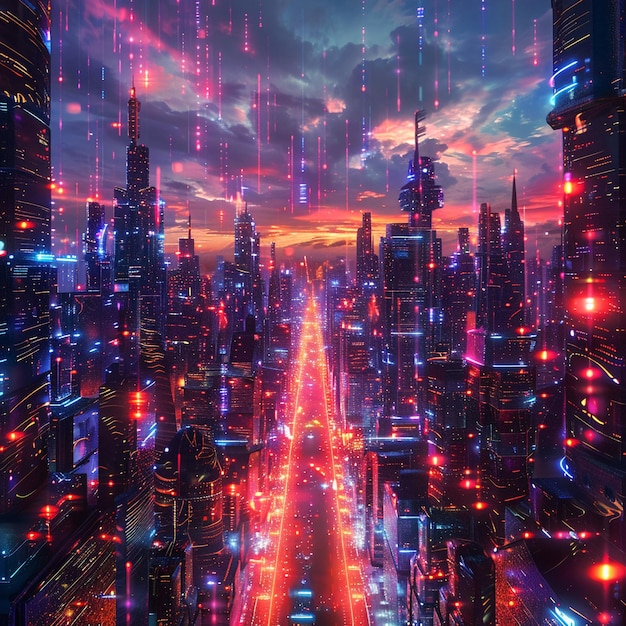 Zdjęcie futuristyczne światła neonowe w mieście zaawansowana technologia łącząca się z alternatywnymi rzeczywistościami rozmywające granice istnienia realistyczne oświetlenie hdr
