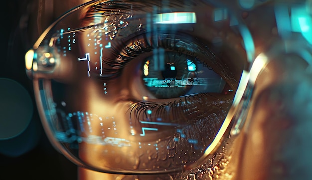Futuristyczne zbliżenie ludzkiego oka wzmocnione cyfrową technologią rozszerzonej rzeczywistości oświetlone kolorowymi światłami i danymi