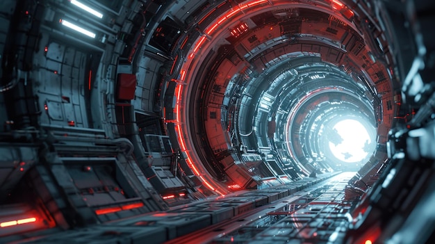 Futuristycznie wyglądający tunel z czerwonymi światłami i światłem ai