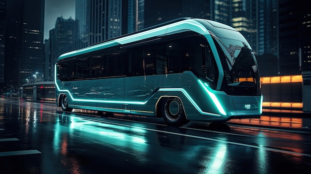 Futuristyczny autobus jadący nocą ulicą miasta