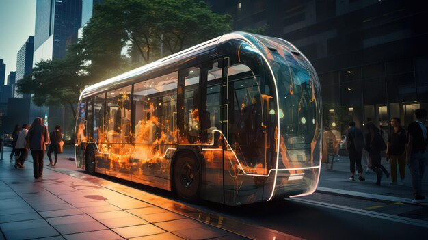 Futuristyczny autobus z neonowymi światłami na nocnej drodze