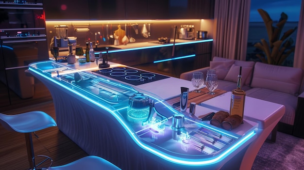 Futuristyczny bar kuchenny z zintegrowaną technologią