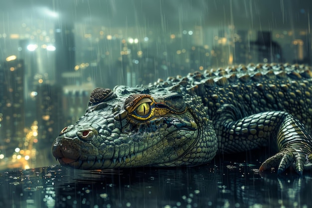 Futuristyczny Cyber Alligator leżący w miejskim otoczeniu deszczowym z świecącymi oczami i światłami miasta