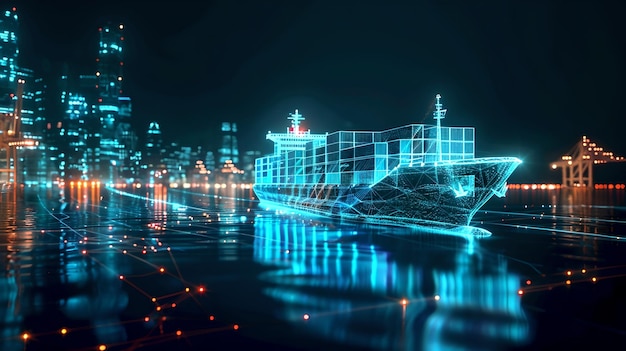 Futuristyczny cyfrowy statek na nabrzeżu w nocy Neon Cityscape Tło Koncepcja Styl artystyczny Ilustracja Nowoczesny projekt Cyberpunk Vibe AI