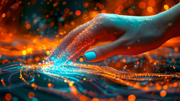Futuristyczny dotyk technologii przez ludzką rękę świecącą cząstkami cybernetycznymi Cyfrowo wzmocniona rzeczywistość w żywych kolorach Doskonała dla koncepcji technologicznych i innowacyjnych AI