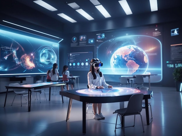Zdjęcie futuristyczny holograficzny wyświetlacz w klasie, wirtualna rzeczywistość zintegrowana z doświadczeniem uczenia się