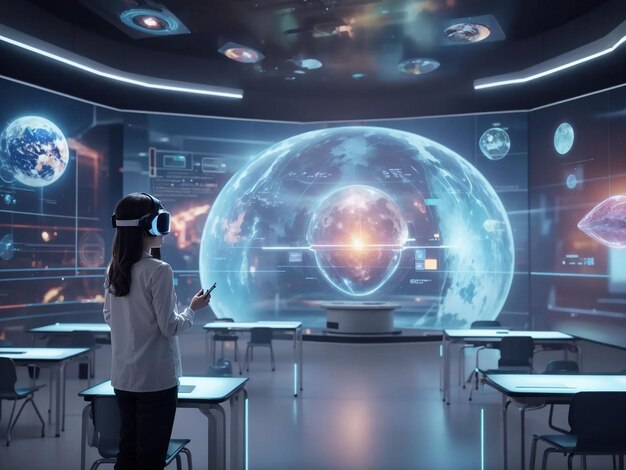 Futuristyczny holograficzny wyświetlacz w klasie, wirtualna rzeczywistość zintegrowana z doświadczeniem uczenia się