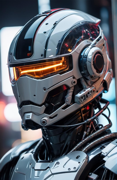 Futuristyczny humanoid noszący bioniczną zbroję w neonowym stylu cyberpunkowym