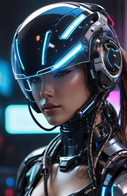 Futuristyczny humanoid noszący bioniczną zbroję w neonowym stylu cyberpunkowym