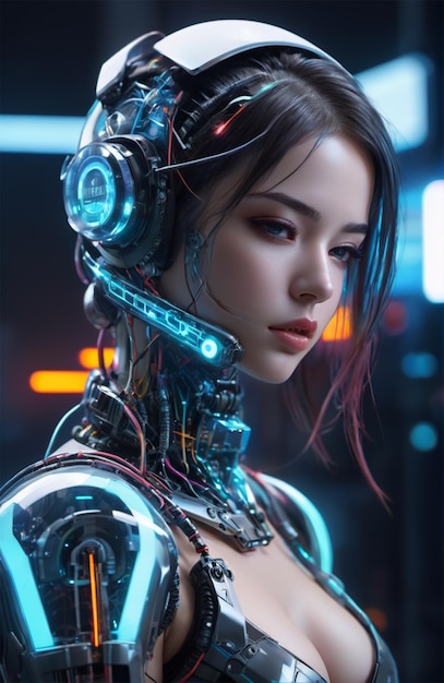 Futuristyczny humanoid noszący bioniczną zbroję w neonowym stylu cyberpunkowym