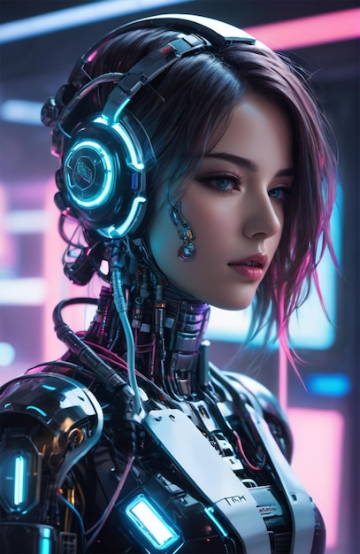 Zdjęcie futuristyczny humanoid noszący bioniczną zbroję w neonowym stylu cyberpunkowym