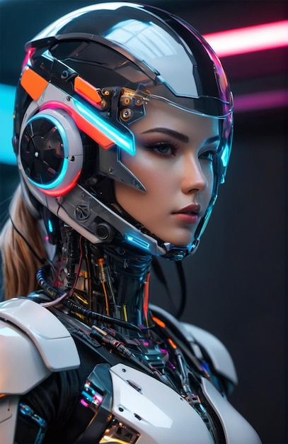 Zdjęcie futuristyczny humanoid noszący bioniczną zbroję w neonowym stylu cyberpunkowym