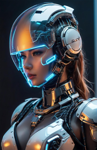 Futuristyczny humanoid noszący bioniczną zbroję w neonowym stylu cyberpunkowym