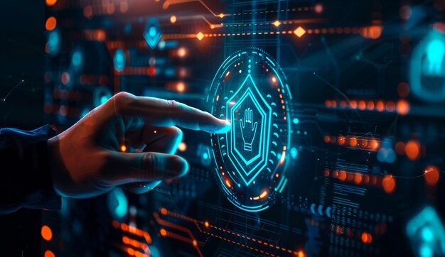 Futuristyczny interfejs pokazujący ikonę bezpieczeństwa cyfrowego z interakcją ręczną i elementami bezpieczeństwa cybernetycznego