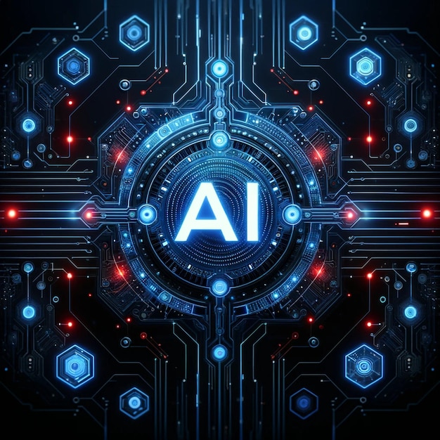Futuristyczny interfejs technologii AI z centralnym świecącym symbolem AI składającym się z cyfrowych