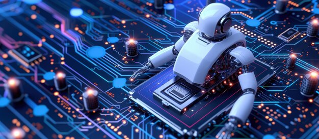 Futuristyczny izometryczny robot 3D na tle technologii procesora mikroprocesorowego Generowany obraz AI
