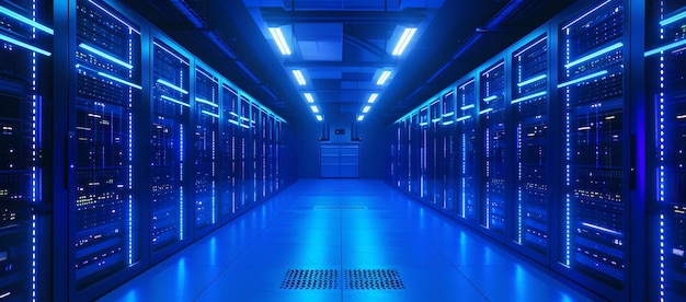 Futuristyczny korytarz centrum danych z niebieskimi światłami LED, wysokiej technologii serwery sieciowe, koncepcja technologii cyfrowej, sztuczna inteligencja.