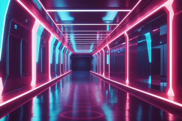Futuristyczny korytarz z świecącymi światłami i odbiciem neonowego światła AI generatywny