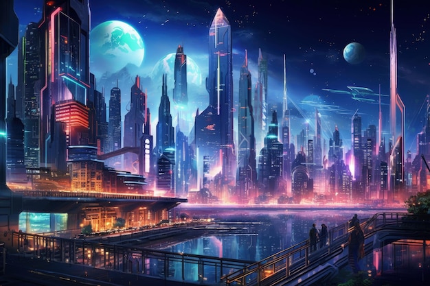 Futuristyczny krajobraz miasta oświetlony odcieniami neonowymi Generatywna sztuczna inteligencja