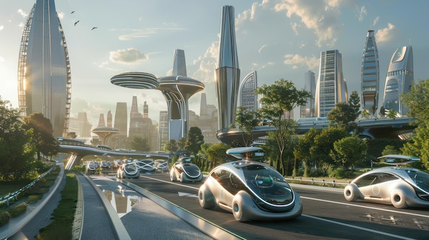 Futuristyczny krajobraz miasta z autonomicznymi pojazdami i infrastrukturą kontrolowaną przez sztuczną inteligencję