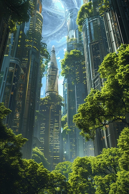 Futuristyczny krajobraz miasta z drapaczami chmur i zielonymi drzewami