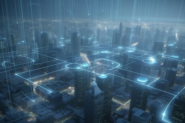 Futuristyczny krajobraz miasta z zaawansowaną technologią komunikacyjną i sieciową
