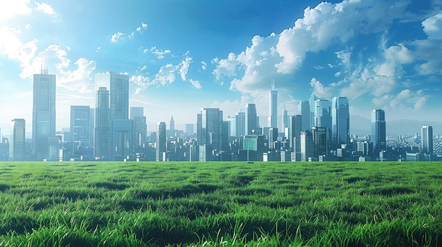 Futuristyczny krajobraz miasta z zielonym polem na pierwszym planie