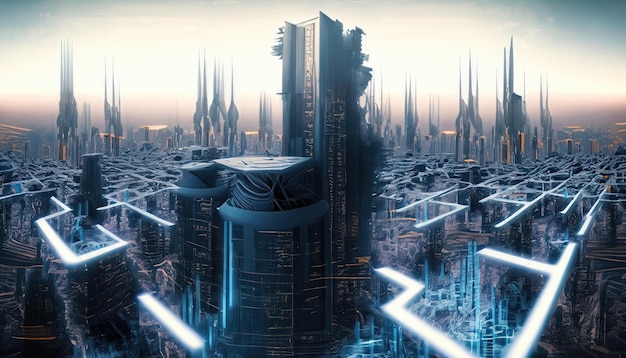 Futuristyczny krajobraz miejski abstrakcyjnej technologii oświetlony białym fraktalnym horyzontem