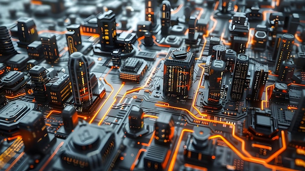Futuristyczny krajobraz miejski zainspirowany projektem chipów komputerowych Pokaz technologii i życia miejskiego