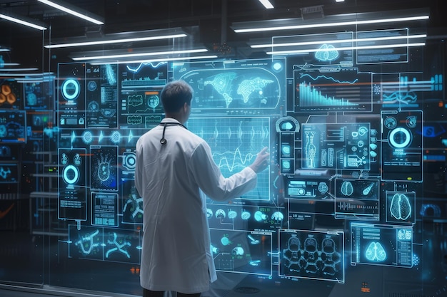 Futuristyczny lekarz używający zaawansowanego technologicznie interfejsu komputerowego