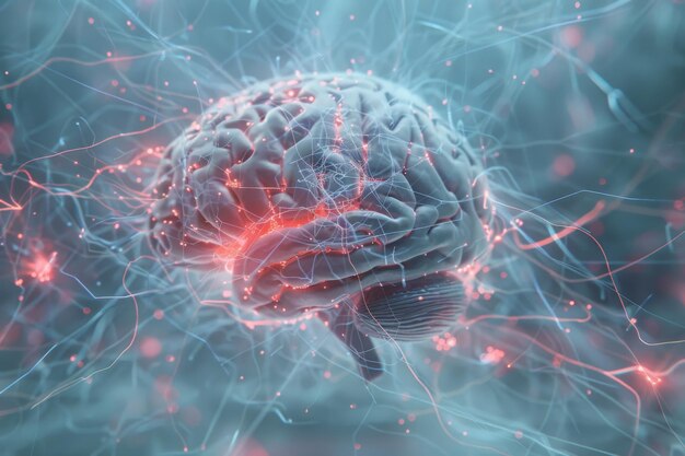 Futuristyczny ludzki mózg w 3D z skomplikowanymi połączeniami i strukturami neuronowymi