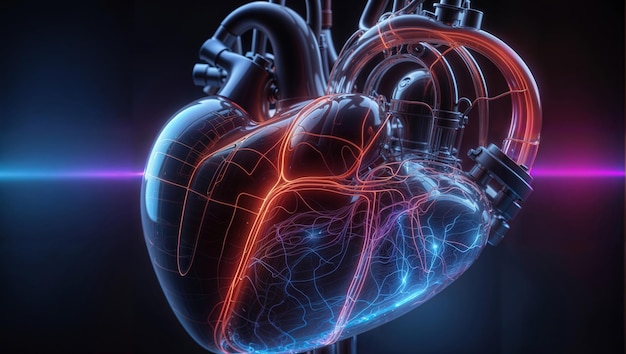 Futuristyczny model ludzkiego serca na czarnym tle