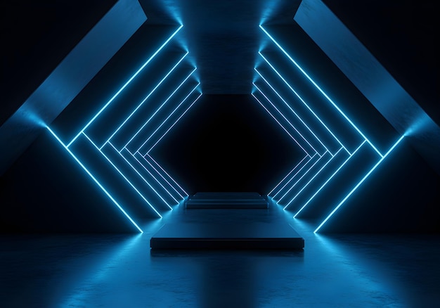 Futuristyczny neonowy korytarz z podwyższonymi platformami wystawienniczymi