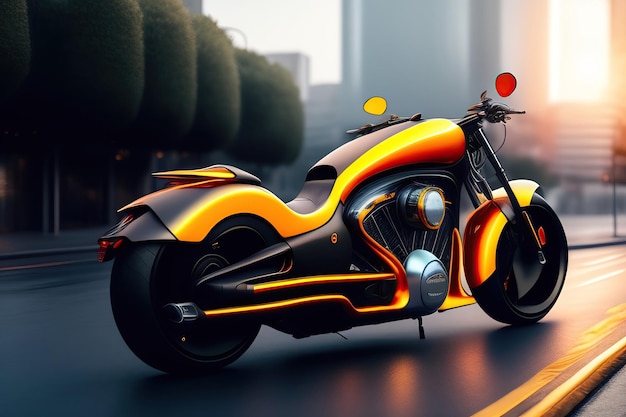 Futuristyczny nierealny motocykl zaparkowany na ulicy wykonany z generatywnej sztucznej inteligencji