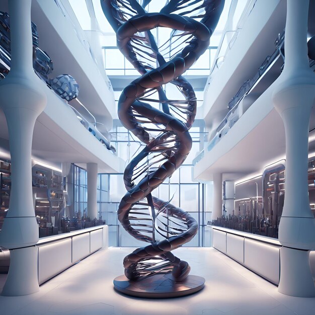 Futuristyczny obiekt badawczy DNA z rzeźbami DNA jako elementami dekoracyjnymi