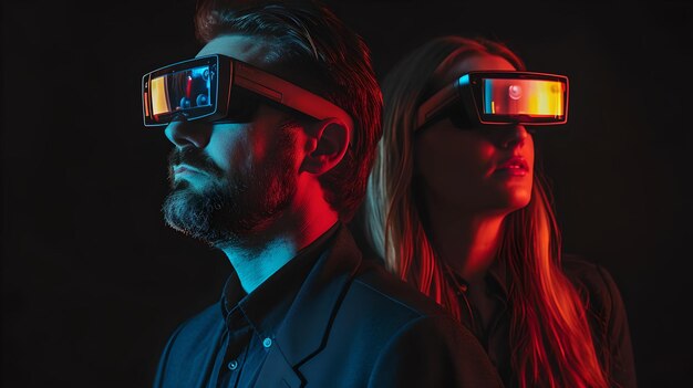 Futuristyczny obraz mężczyzny i kobiety noszących wysokiej technologii okulary VR w ciemnym otoczeniu z neonowymi światłami w konceptualnym stylu technologicznym AI