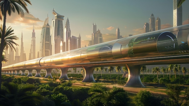 Futuristyczny pociąg podróżujący przez miasto z palmami