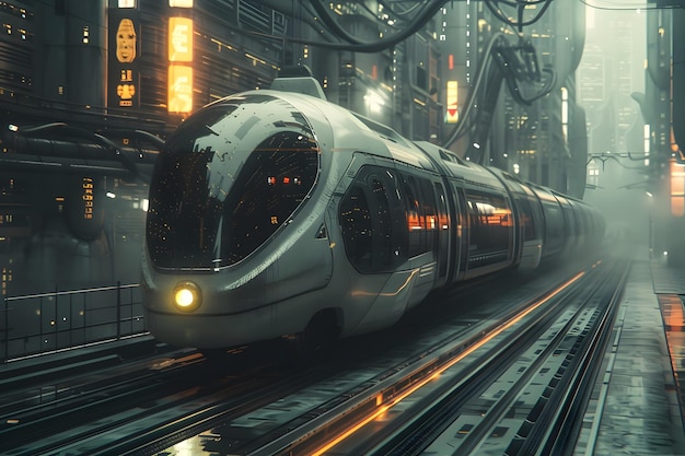 Futuristyczny pociąg w cyberpunkowym mieście