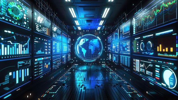 Futuristyczny pokój technologii cyfrowej z danymi i wykresami na ekranach i świecącym hologramem Ziemi w środku